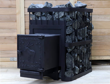 Печь банная ComfortProm СТАЛЬ 8 мм, для парной до 16 кубов, вес 75 кг, длина дров до 30 см, на 130 кг камней, дверь со стеклом декор