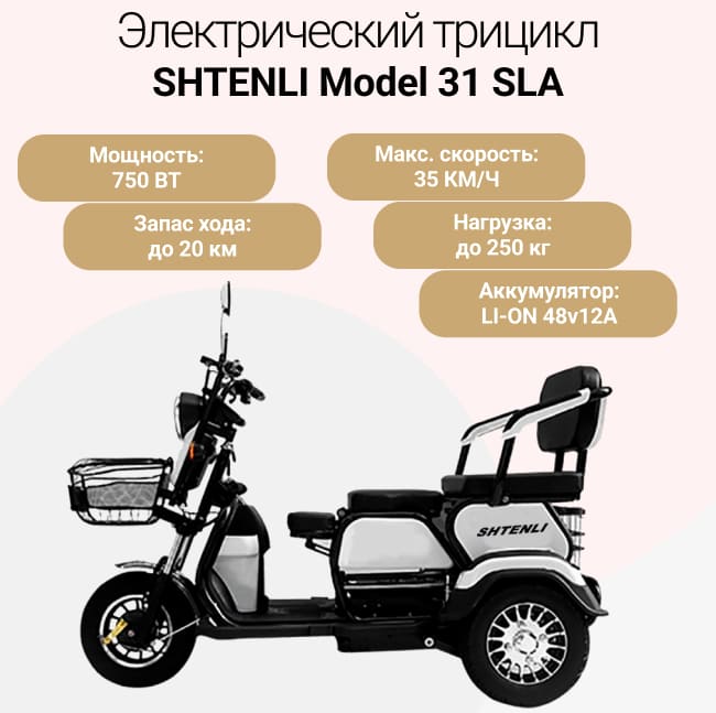 Электрический трицикл SHTENLI Model 31 SLA 12Ач48В (аккумулятор 4шт 12Ач12В)